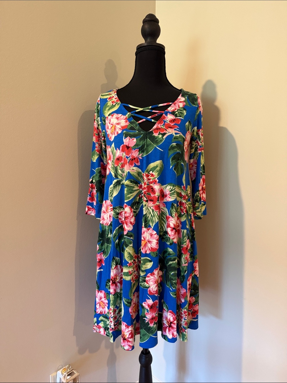 Blue Floral Crisscross Neck Mini Dress